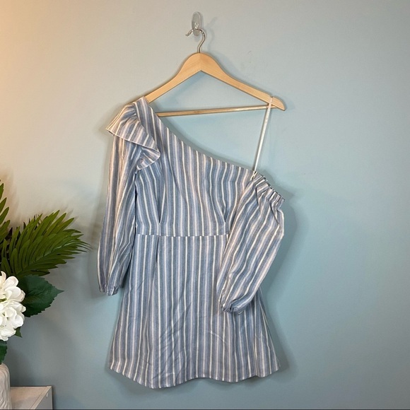 Majorelle Blue and White Striped One Shoulder Mini Dress - Picture 1 of 8
